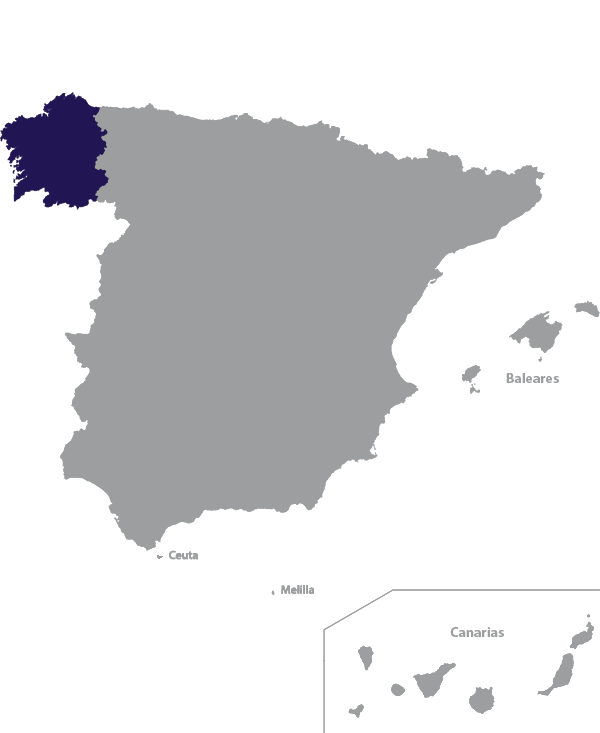 Landkaart Spanje grijs met regio Galicië donkerblauw op transparante achtergrond - 600 * 733 pixels
